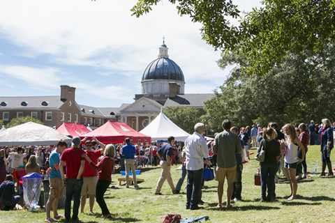 families walking on quad