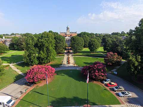 aerial view of campus and library