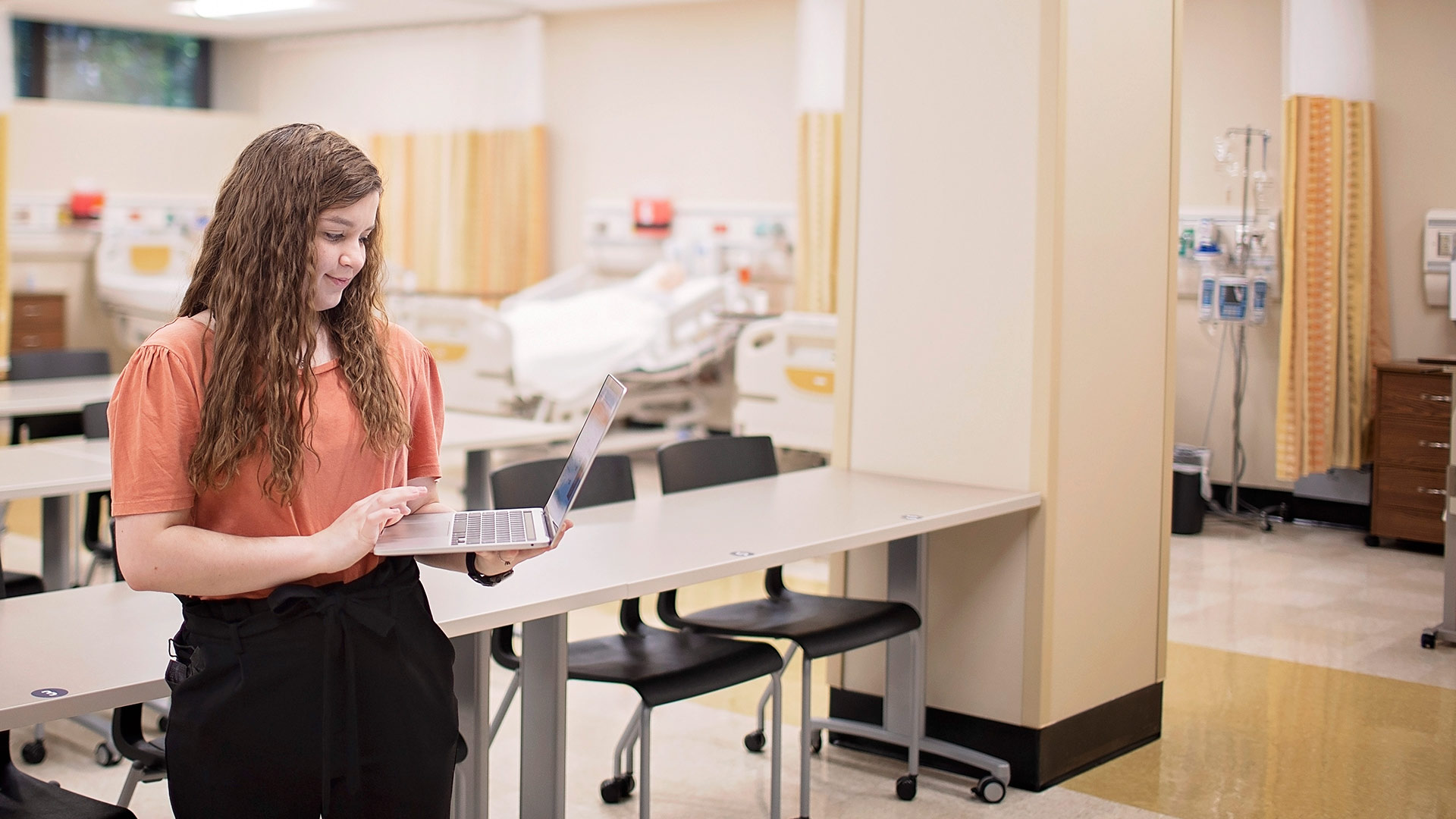 female student in simulation center