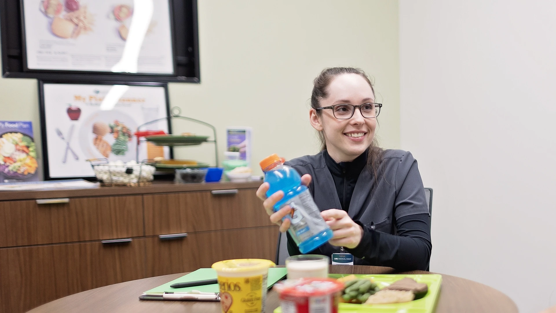 female student working with food