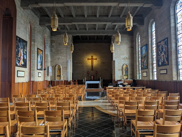 chapel with chairs and stone walls